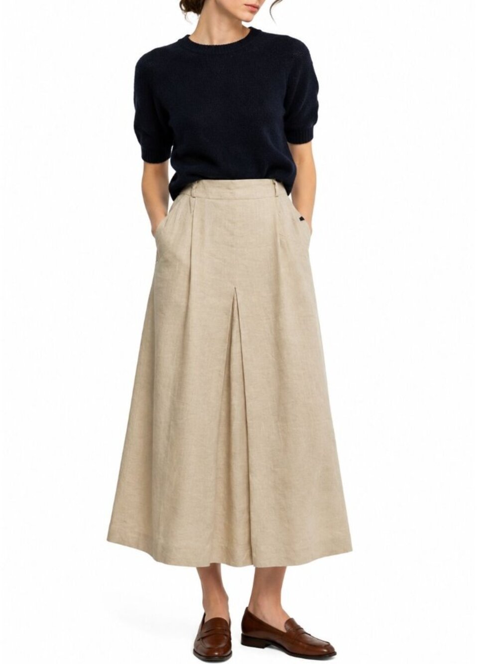 Vintage Jaeger Linen Blend Skirt Minimalist Neutral Midi Made in Great Britain